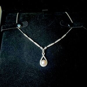 Cultured Pearl & White Lab-Created Sapphire Drop Necklace Sterling Silver 18"